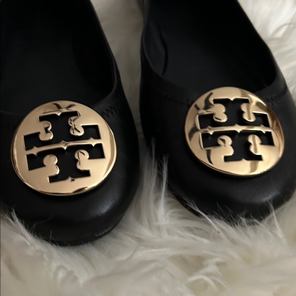 Tory Burch Black Flats with Gold Logo - Picture 2 of 7